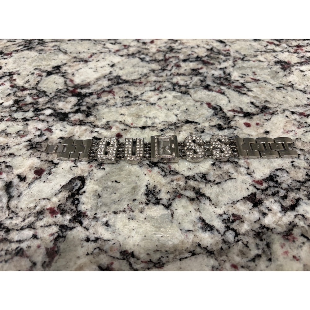 Guess Silver Tone Crystal Logo Bracelet Watch Rectangular Face Y2K Style